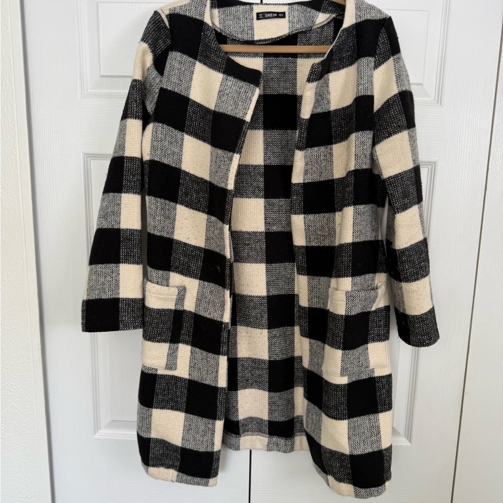 SHEIN Black and Cream Checkered Trench Coat